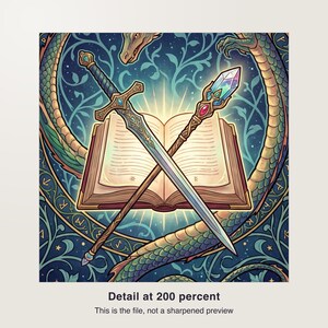 RPG Poster Kunstdruck Digital Download, Jugendstil Fantasy Wandbild, Zauberbuch Drache Schwert, Rollenspiel Geschenk, PDF Sofortdownload image 3