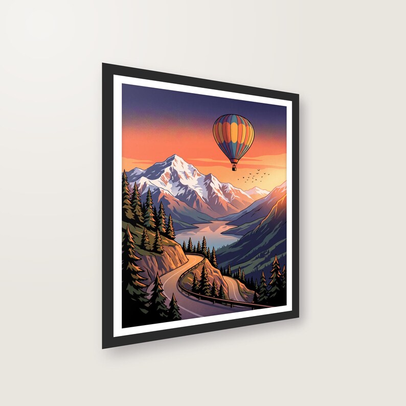 Vintage Reiseplakat Bucket List Poster, Digitaler Download, Berge See Heißluftballon, Retro Wandbild, Sofort Druckfertig DIN A3 A4 image 2