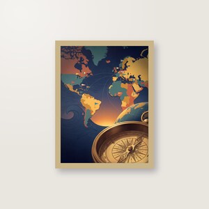 Vintage Weltkarte Poster Digitaler Download, Reiseplakat mit Kompass, Druckfertige PDF bis 30x40 cm, Sofortdownload Kunstdruck image 1