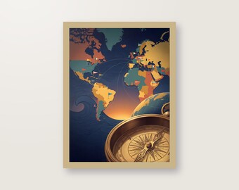 Vintage Weltkarte Poster Digitaler Download, Reiseplakat mit Kompass, Druckfertige PDF bis 30x40 cm, Sofortdownload Kunstdruck
