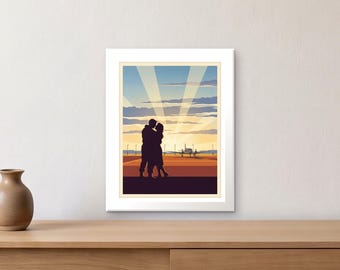 May include: A framed art print featuring a silhouette of two figures embracing on an airport tarmac at sunset. In the background, a small airplane is visible under a sky with radiating light beams, clouds, and a warm orange and blue color palette.