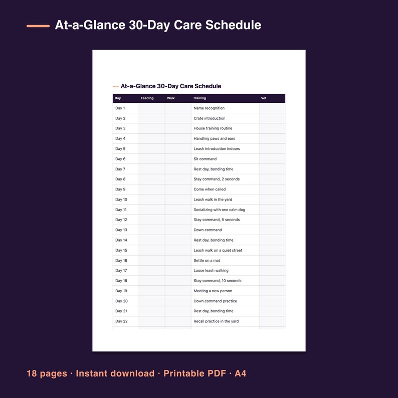 First 30 Days with Your New Dog Planner, Printable PDF, Undated Daily Routine & Training Tracker image 2