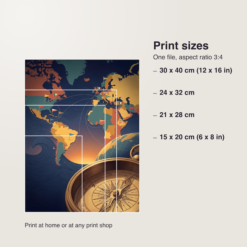 Vintage Weltkarte Poster Digitaler Download, Reiseplakat mit Kompass, Druckfertige PDF bis 30x40 cm, Sofortdownload Kunstdruck image 5