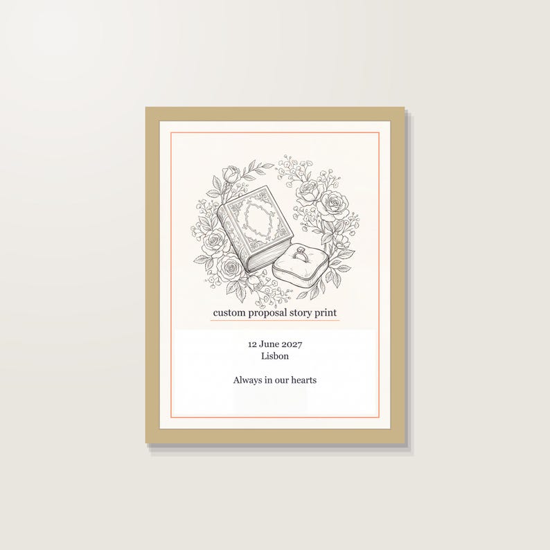 Hoe hij je ten huwelijk vroeg - Afdrukbare poster, gepersonaliseerd aanzoekverhaal met datum en locatie, printbaar PDF-bestand 30 x 40 cm afbeelding 1