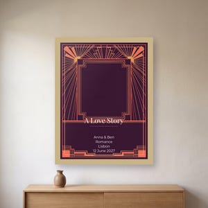 May include: A rectangular wall poster featuring a dark purple background with geometric peach-colored lines. The text reads A Love Story, Anna & Ben, Romance, Lisbon, 12 June 2027. The design includes a central frame and sunburst patterns.