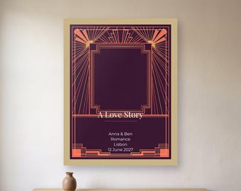 May include: A rectangular wall poster featuring a dark purple background with geometric peach-colored lines. The text reads A Love Story, Anna & Ben, Romance, Lisbon, 12 June 2027. The design includes a central frame and sunburst patterns.