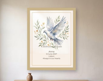 May include: A framed wall art print featuring a watercolor illustration of a white dove surrounded by green leaves and small yellow flowers. The text reads Celebration of Faith, Anna, 12 June 2027, Lisbon, and Always in our hearts in black font.