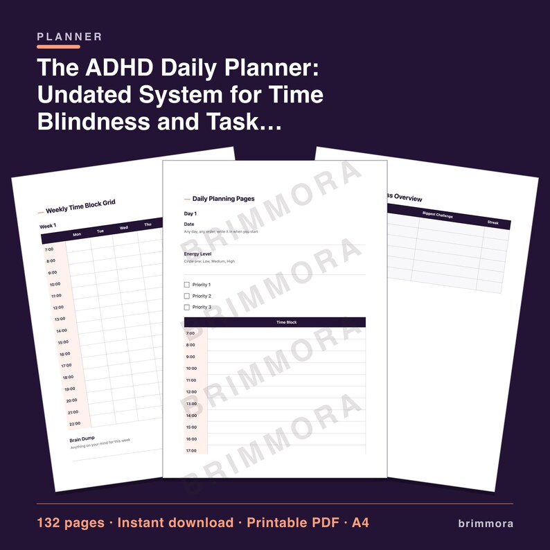 Undated ADHD Daily Planner Printable, Time Blocking and Task Breakdown Pages for Adults, PDF image 2