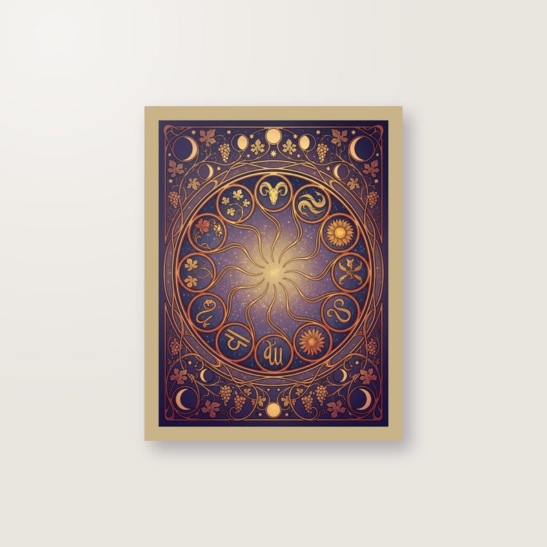 Horoskop Poster Digital Download | Zodiac Wandbild Jugendstil | Geburts-Sternzeichen Kunstdruck PDF druckfertig image 1