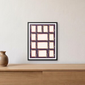 May include: A rectangular black-framed wall art piece featuring a dark purple background with a collage of twelve blank, light-colored photo frames arranged in rows, accented by delicate green and white botanical illustrations around the edges.