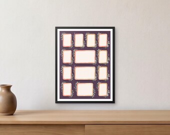 May include: A rectangular black-framed wall art piece featuring a dark purple background with a collage of twelve blank, light-colored photo frames arranged in rows, accented by delicate green and white botanical illustrations around the edges.