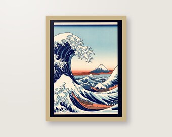 Japanische Welle Kunstdruck Digital | Ukiyo-e Woodblock Poster Download | Indigo Wandbild PDF bis 30x40 cm