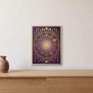 May include: A rectangular wall art print featuring a circular zodiac wheel in gold and copper tones against a deep purple background. The design includes twelve astrological symbols arranged in a ring, surrounded by intricate floral and lunar motifs.