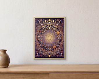 May include: A rectangular wall art print featuring a circular zodiac wheel in gold and copper tones against a deep purple background. The design includes twelve astrological symbols arranged in a ring, surrounded by intricate floral and lunar motifs.