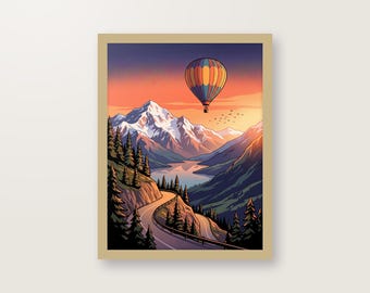 Vintage Reiseplakat Bucket List Poster, Digitaler Download, Berge See Heißluftballon, Retro Wandbild, Sofort Druckfertig DIN A3 A4