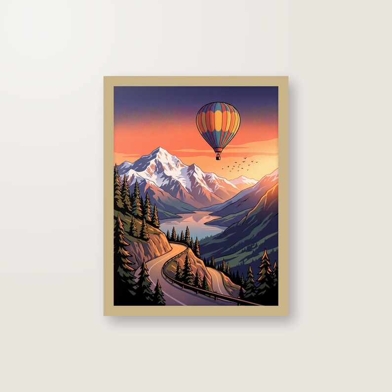 Vintage Reiseplakat Bucket List Poster, Digitaler Download, Berge See Heißluftballon, Retro Wandbild, Sofort Druckfertig DIN A3 A4 image 1