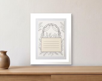 May include: A framed print featuring a black line drawing of a floral archway with hanging fabric drapes. Below the arch is a rectangular beige label with four horizontal black lines for writing, surrounded by delicate botanical illustrations.