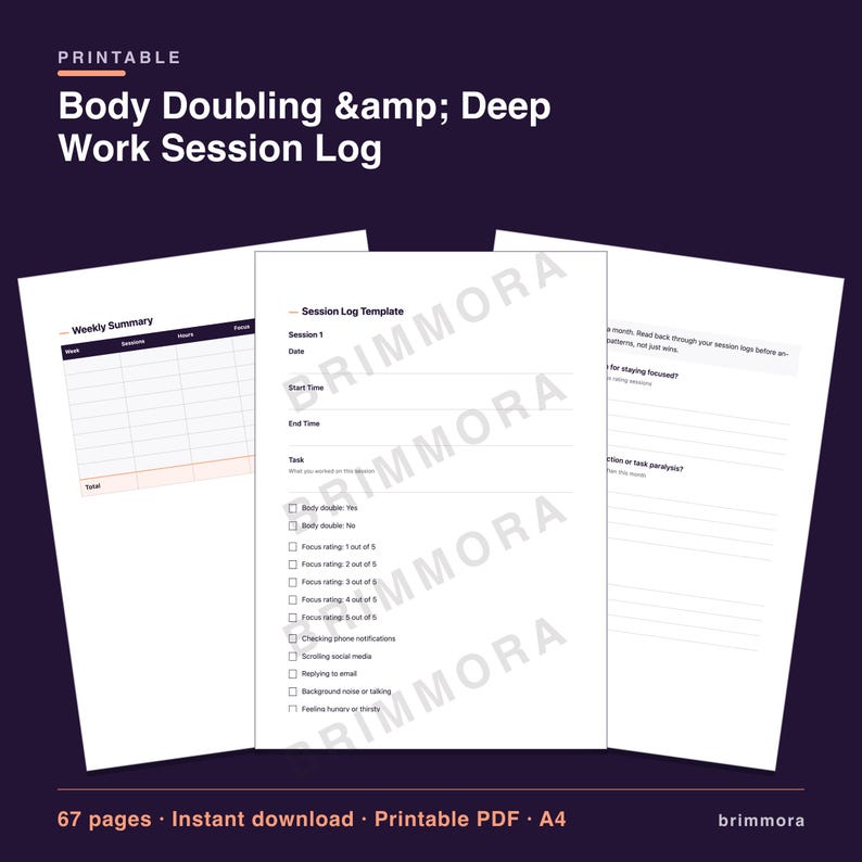 Body Doubling & Deep Work Session Log Printable Planner PDF bild 2