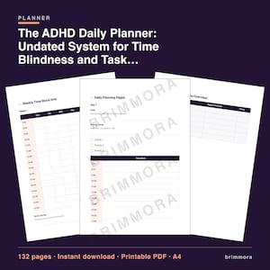 Könnte beinhalten: Der ADHD Daily Planner: Undated System for Time Blindness and Task... besteht aus drei weißen Seiten mit dunkelvioletten Kopfzeilen. Die Seiten enthalten ein wöchentliches Zeitblockraster, tägliche Planungsseiten mit Energieleveln und einen Fortschrittsüberblick.