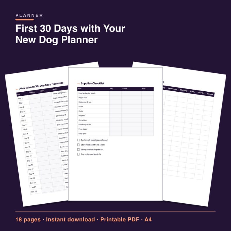 First 30 Days with Your New Dog Planner, Printable PDF, Undated Daily Routine & Training Tracker image 1