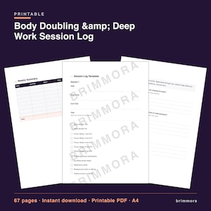 Könnte beinhalten: Ein druckbares PDF-Dokument für ein Body Doubling & Deep Work Session Log mit drei weißen Seiten und schwarzem Text. Die Seiten enthalten eine wöchentliche Zusammenfassung, eine Vorlage für Sitzungsprotokolle mit Fokus-Bewertungen.
