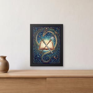 May include: A framed rectangular wall art print featuring a central open book with a sword and a staff crossed over it. A long, winding green dragon encircles the items against a dark blue background with intricate floral and vine patterns.