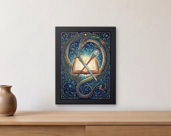 May include: A framed rectangular wall art print featuring a central open book with a sword and a staff crossed over it. A long, winding green dragon encircles the items against a dark blue background with intricate floral and vine patterns.