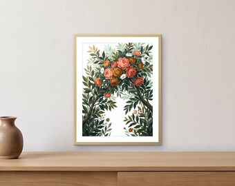 May include: A framed rectangular wall art print featuring a botanical illustration of lush green foliage and branches forming an archway, topped with a cluster of vibrant orange, coral, and white flowers against a clean white background.