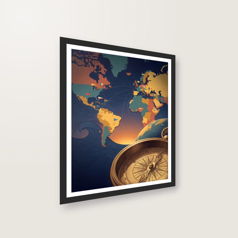 Vintage Weltkarte Poster Digitaler Download, Reiseplakat mit Kompass, Druckfertige PDF bis 30x40 cm, Sofortdownload Kunstdruck image 2