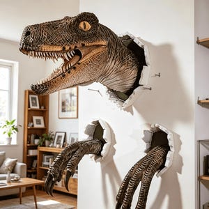 May include: A wall-mounted dinosaur sculpture featuring a textured brown and grey raptor head with an open mouth and sharp teeth, accompanied by two separate raptor claw appendages, all appearing to break through the white wall surface.