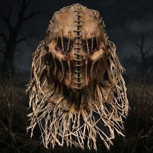 May include: A full-head scarecrow mask featuring a textured, hessian-like brown surface with a prominent vertical stitched seam down the centre. The eye openings are covered with dark, horizontal stitched bars, and the base is adorned with straw.