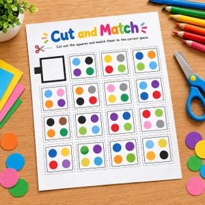 Juego de emparejar puntos para imprimir, actividad de clasificación de colores para niños, juego de emparejamiento preescolar, actividad de motricidad fina de percepción visual.