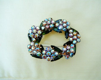 GREEN RHINESTONE BROOCH Pin w Aurora Borealis Gold Tone Vintage Costume Jewelry Collectible Wedding Bridal Gift