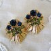 Vintage LISNER EARRINGS RHINESTONE Clip-on Blue & Green w Gold Tone Florentine Vintage Costume Jewelry Designer Earrings Wedding Jewelry