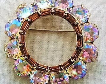 KEYES BROOCH PIN Aurora Borealis Rhinestones w Taupe Baguettes Gold Tone Vintage Costume Jewelry Designer Collectible Jewelry Wedding