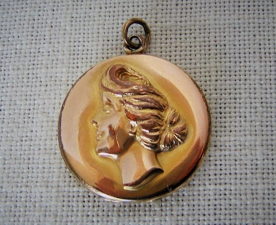 Antique LOCKET PENDANT Charm Lady Profile Round V… - image 2