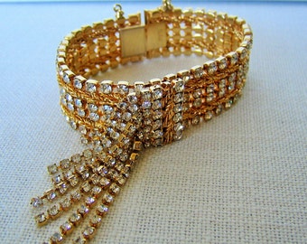 HOBE' BRACELET Vintage Costume Jewelry Clear Rhinestones Cha-Cha Style Gold Tone Designer Wedding Jewelry Gift