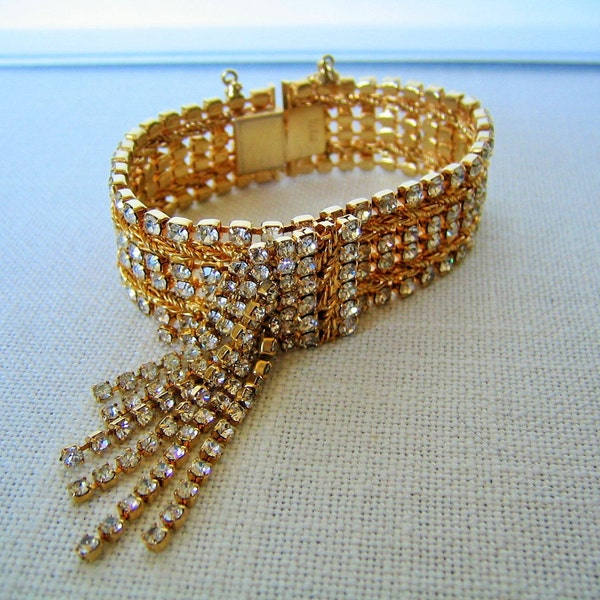 HOBE' BRACELET Vintage Costume Jewelry Clear Rhinestones Cha-Cha Style Gold Tone Designer Wedding Jewelry Gift