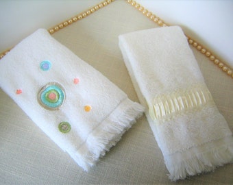 2) WHITE FINGERTIP towels with Embroidery Guest Towels Hand Towels Gift