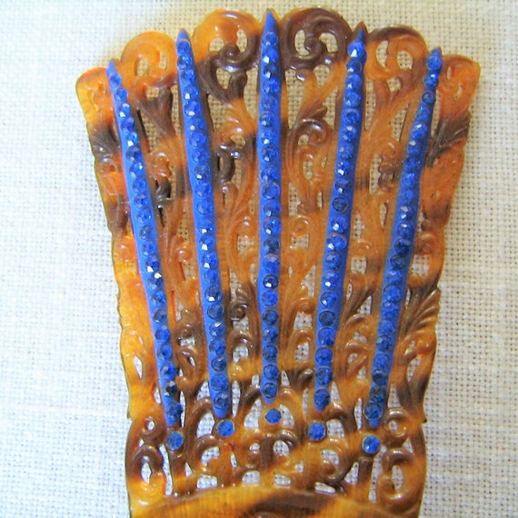 Victorian Comb Hair Ornament Antique Comb Blue Rh… - image 3