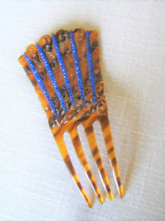 Victorian Comb Hair Ornament Antique Comb Blue Rh… - image 5