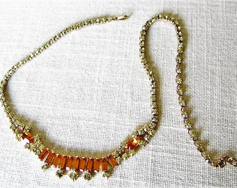 SHERMAN NECKLACE CHOKER Dark Orange & Yellow Rhinestones Vintage Designer Costume Jewelry Swarovski Crystals Designer Wedding Jewelry