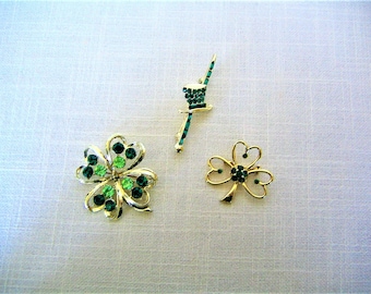 3 ) St. Patrick's Day Green SHAMROCK Rhinestone  PINS BROOCHES Gold Tone Vintage Costume Jewelry Beatrix