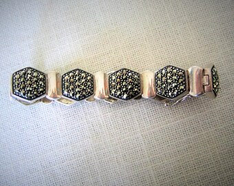 Marcasite BRACELET STERLING SILVER W Hexagons Vintage 7  1/2" Marked Thailand 925 w a Crown Gift
