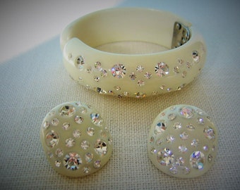 WEISS BRACELET w Earrings Demi Parure RHINESTONE Clamper Bangle Bracelet Clear Swarovski Crystals Vintage Costume Jewelry Wedding Jewelry