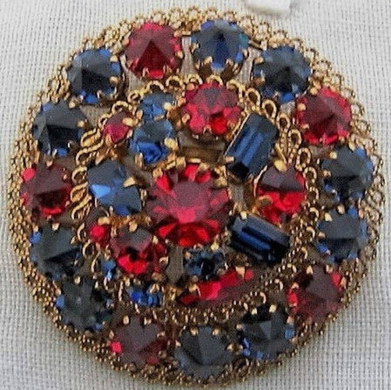 Austria BROOCH Pin and EARRINGS Red /& Blue Rhinestone Demi-Parure Gold Tone Collectible Designer Pin Vintage Costume Jewelry Clip-On Earring