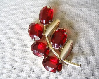 Sterling Silver PIN Brooch w Gold Wash RED RHINESTONE Floral Leaf Design Vintage Costume Jewelry Bridal Wedding Bridesmaid Gift