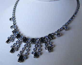 BLUE RHINESTONE NECKLACE or Choker w Dangling Rhinestones Silver Tone Vintage Costume Jewelry Collectible Designer Wedding Gift