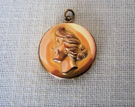 Antique LOCKET PENDANT Charm Lady Profile Round V… - image 1