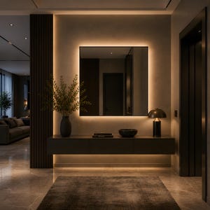 May include: A square wall-mounted mirror with integrated backlighting hangs above a dark floating console table. The console holds a dark vase with green foliage, a small stack of books, a dark bowl, and a metallic dome-shaped table lamp.